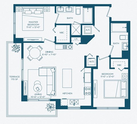 Floor plan for 2 beds, 2 baths, 1078 sqft